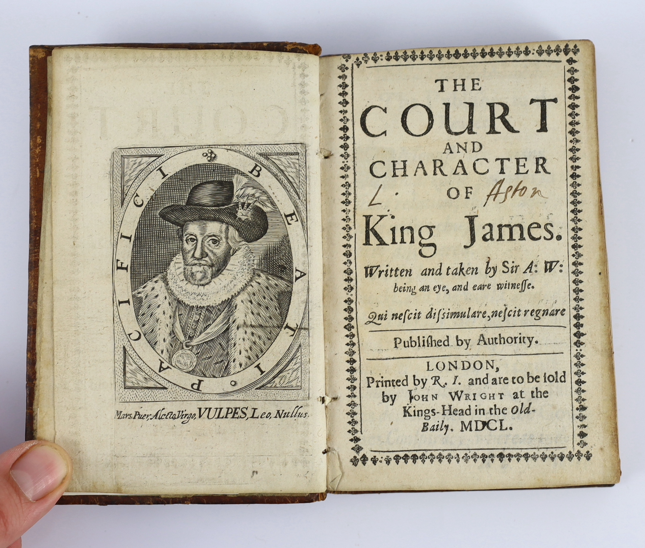 [Weldon, Sir Anthony] The Court and Character of King James ... portrait frontis., title within decorated border, headpiece decorations; old blind ruled calf, sm.8vo. printed by R.I. and are to be sold by John Wright ...